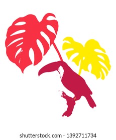 vector minimal bright illustration with monstera leaves and toucan. Silhouette image.