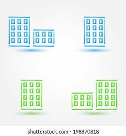 Vector minimal buildings icons - simple house symbol in blue and green colors