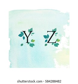Vector Minimal Clean Watercolor Serif Font with Leafs, Green Flowers, Spring Summer Design for Wedding Invitation, Postcards, Logo, Visual Identity, Isolated Symbols.