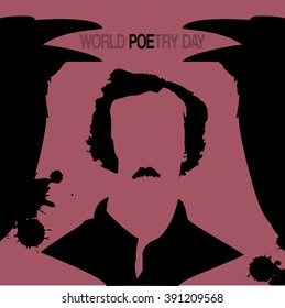 Vector minimal concept for world poetry day with crows and silhouette of black poet Edgar Allan Poe