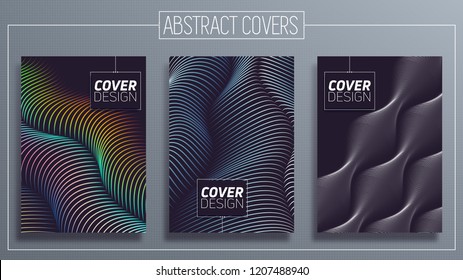 Vector minimal covers design. Colorful warped lines. Future geometric background templates.