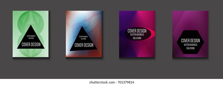 Vector minimal covers set. Iridescent futuristic poster design. Funky trendy business background. Set of four A4 abstract covers. Neon colored halftone blend tech design. Simple clean linear texture.