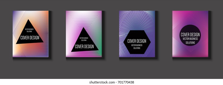 Vector minimal covers set. Iridescent futuristic poster design. Funky trendy business background. Set of four A4 abstract covers. Neon colored halftone blend tech design. Simple clean linear texture.