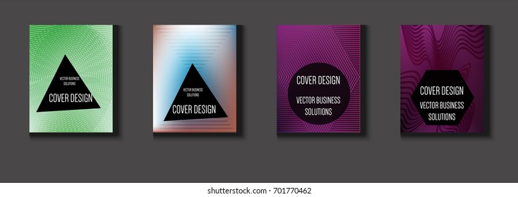 Vector minimal covers set. Iridescent futuristic poster design. Funky trendy business background. Set of four A4 abstract covers. Neon colored halftone blend tech design. Simple clean linear texture.