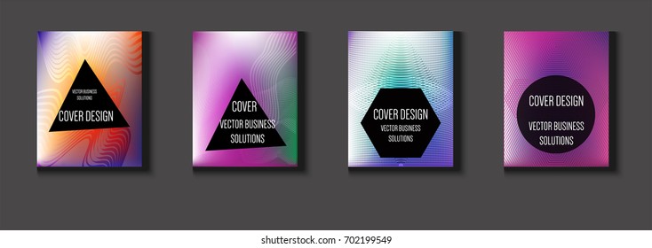 Vector minimal covers set. Iridescent futuristic poster design. Funky trendy business background. Set of four A4 abstract covers. Neon colored halftone blend tech design. Simple clean linear texture.