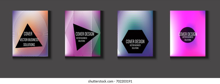Vector minimal covers set. Iridescent futuristic poster design. Funky trendy business background. Set of four A4 abstract covers. Neon colored halftone blend tech design. Simple clean linear texture.