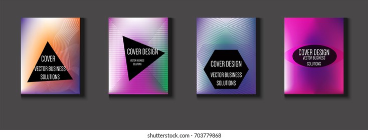 Vector minimal covers set. Iridescent futuristic poster design. Funky trendy business background. Set of four A4 abstract covers. Neon colored halftone blend tech design. Simple clean linear texture.