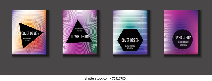 Vector minimal covers set. Iridescent futuristic poster design. Funky trendy business background. Set of four A4 abstract covers. Neon colored halftone blend tech design. Simple clean linear texture.