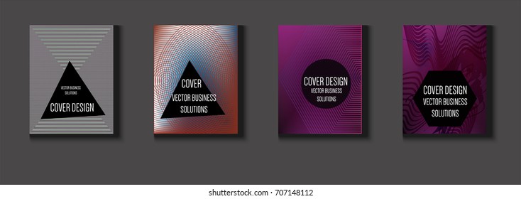 Vector minimal covers set. Iridescent futuristic poster design. Funky trendy business background. Set of four A4 abstract covers. Neon colored halftone blend tech design. Simple clean linear texture.