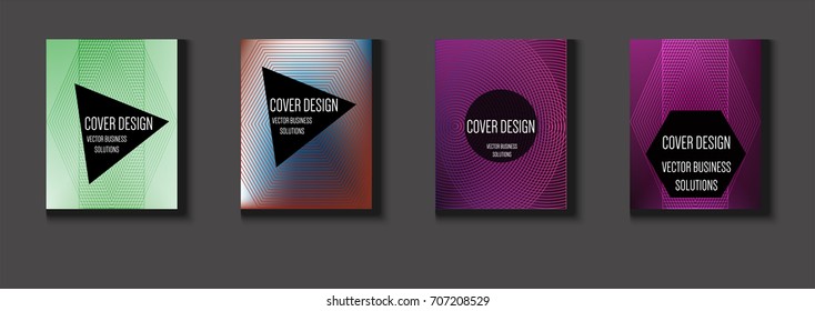 Vector minimal covers set. Iridescent futuristic poster design. Funky trendy business background. Set of four A4 abstract covers. Neon colored halftone blend tech design. Simple clean linear texture.