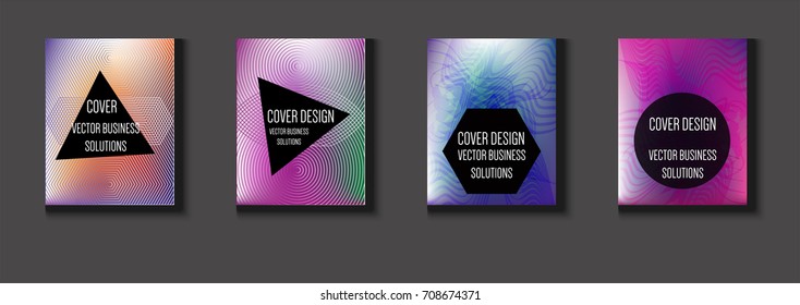 Vector minimal covers set. Iridescent futuristic poster design. Funky trendy business background. Set of four A4 abstract covers. Neon colored halftone blend tech design. Simple clean linear texture.