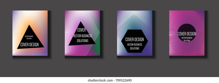Vector minimal covers set. Iridescent futuristic poster design. Funky trendy business background. Set of four A4 abstract covers. Neon colored halftone blend tech design. Simple clean linear texture.