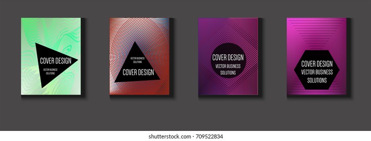 Vector minimal covers set. Iridescent futuristic poster design. Funky trendy business background. Set of four A4 abstract covers. Neon colored halftone blend tech design. Simple clean linear texture.