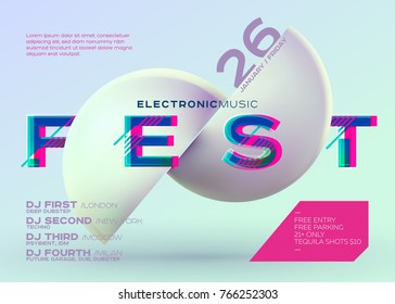 Vector Minimal DJ Poster. Electronic Music Cover for Music Fest or Club Party Flyer. Vibrant Background with Futuristic 3D Shape. Creative Minimalist Template. Horizontal Orientation. Neon Colors.