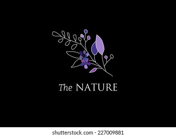 Vector minimal doodle card with eco nature print on black background 