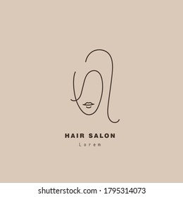 Vector minimal face, linear artistic logo. Social net, emblem for beauty studio and cosmetics - female portrait, woman with ponytail - badge for make up artist, fashion. T-shirt print
