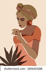 Muro de arte femenino vectorial mínimo. Hermosa ilustración de retrato de dama en colores neutros de terracota. La decoración de la pared al estilo de la cocina. Diversidad multirracial moderna impresión de boho anti-racismo de mediados de siglo