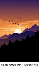 Vector minimal flat landscape. Nature background with mountains and trees in silhouette on sunset