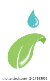 Vector minimal flat style water drop dropping on green fresh leaf. Isolated on white background. Green leaf with water drop flat vector design. Isolated on white background.