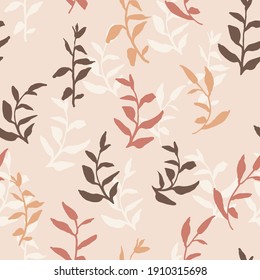 Vector minimal floral seamless pattern. Repeat boho art. Botanical seamless background in neutral muted earth tone colors. Bohemian leaf backdrop print. Mid Century Modern design. Vintage illustration