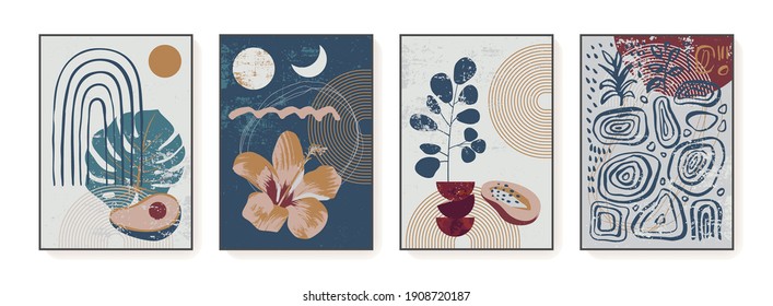 Vector Minimal Floral Wall Art Prints. Boho Art Posters, Covers, Flyer, Stories Templates. Botanical Wall Art, Neutral Colors. Bohemian Leaf Prints. Mid Century Modern Design. Vintage Illustration