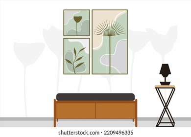 Vector minimal floral wall art prints. Boho art posters, covers, flyer, stories templates. Botanical wall art, neutral colors. Bohemian leaf prints. Mid Century Modern design. Vintage illustration