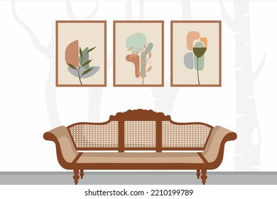 Vector minimal floral wall art prints. Boho art posters, covers, flyer, stories templates. Botanical wall art, neutral colors. Bohemian leaf prints. Mid Century Modern design. Vintage illustration