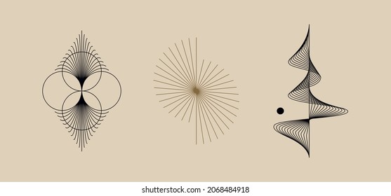 Montaje de ilustraciones geométricas mínimas vectoriales: composiciones estéticas lineales abstractas, impresiones, marcos y elementos de diseño gráfico