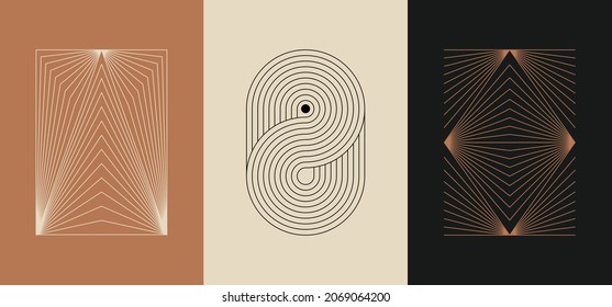 Vector minimal geometric illustrations set - trendy abstract aesthetic linear compositions, prints, frames and graphic design elements