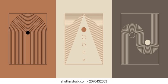 Vector minimal geometric illustrations set - trendy abstract aesthetic linear compositions, prints, frames and graphic design elements