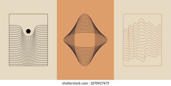 Montaje de ilustraciones geométricas mínimas vectoriales: composiciones estéticas lineales abstractas, impresiones, marcos y elementos de diseño gráfico