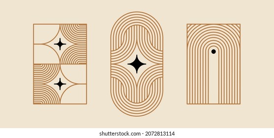 Vector minimal geometric illustrations set - trendy abstract aesthetic linear compositions, prints, frames and graphic design elements