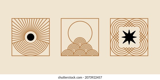 Satz für minimale geometrische Vektorgrafiken - trendige abstrakte ästhetische lineare Kompositionen, Drucke, Rahmen und grafische Gestaltungselemente