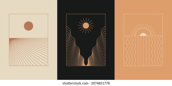 Vector minimal geometric illustrations set - trendy abstract aesthetic linear compositions, prints, frames and graphic design elements