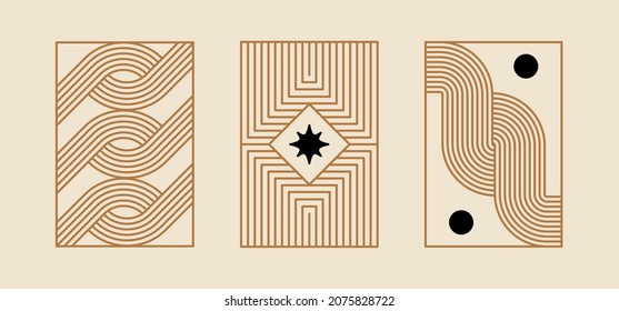 Satz für minimale geometrische Vektorgrafiken - trendige abstrakte ästhetische lineare Kompositionen, Drucke, Rahmen und grafische Gestaltungselemente