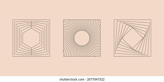 Vector minimal geometric illustrations set - trendy abstract aesthetic linear compositions, prints, frames and graphic design elements