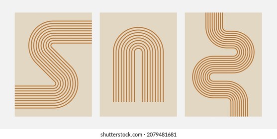 Vector minimal geometric illustrations set - trendy abstract aesthetic linear compositions, prints, frames and graphic design elements