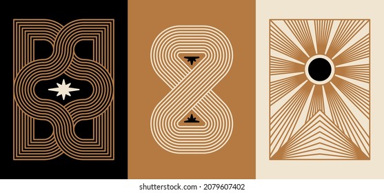 Vector minimal geometric illustrations set - trendy abstract aesthetic linear compositions, prints, frames and graphic design elements