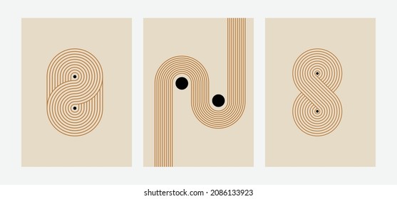 Vector minimal geometric illustrations set - trendy abstract aesthetic linear compositions, prints, frames and graphic design elements