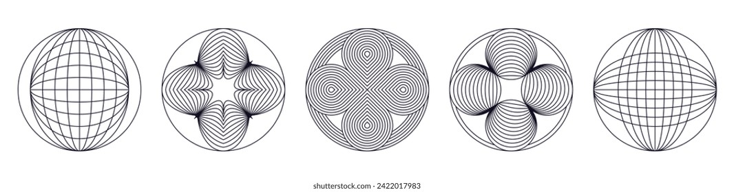 Vector minimal geometric illustrations set, futuristic digital trendy abstract aesthetic linear compositions, prints, frames and graphic design elements, y2k and brutalist style