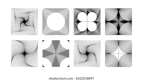 Vector minimal geometric illustrations set, futuristic digital trendy abstract aesthetic linear compositions, prints, frames and graphic design elements, y2k and brutalist style