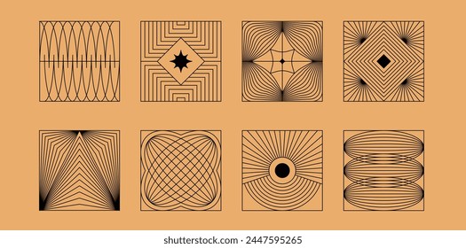 Vector minimal geometric illustrations set - trendy abstract aesthetic linear compositions, prints, frames and graphic design elements

