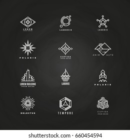 Vector minimal geometric logo set on blackboard. Linear abstract icons illustration