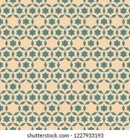 Vector minimal geometric seamless pattern. Simple texture with small stars, flower shapes, grid, net, lattice. Abstract background in pastel colors, tan and teal. Retro vintage style repeated design