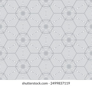 Vector minimal geometric seamless pattern. Abstract monochrome texture with hexagonal grid, curved lines, circles, floral silhouettes, net, lattice. Grey and white geo background. Modern repeat design