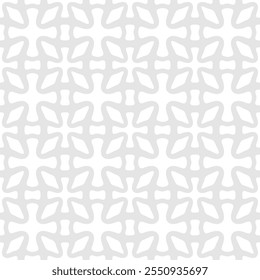 Vector minimal geometric seamless pattern. Abstract ornamental texture with flower silhouettes, crosses, leaves, lattice, repeat tiles. Simple elegant gray and white background. Subtle geo design