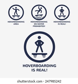 Vector minimal icon set. Stick man on real hoverboard.
