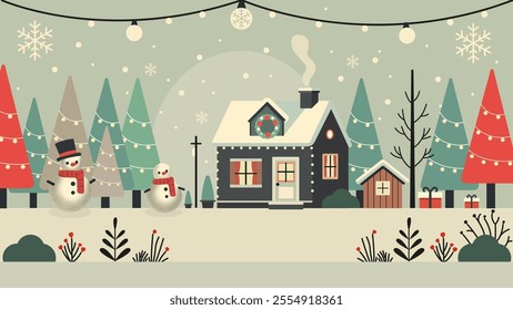 Vector Minimal Illustration of a Christmas Setting of a House with Chimney Trees with Christmas Lights Winter Snow and Snowman Wreath Holiday Presents Snowflakes Gifts Pines and Plants