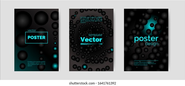 Vector minimal illustration with covers set with geometric elements and text in gradient black and neon blue colors for use as a template of  reports, presentation, advertisement, backdrop, poster