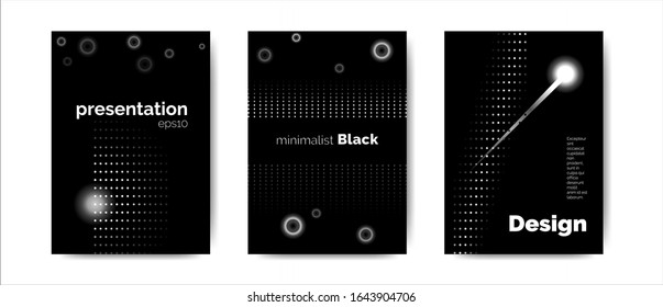 Vector minimal illustration with covers set with geometric elements and text in gradient black and white colors for use as a template of  reports, presentation, advertisement, backdrop, poster